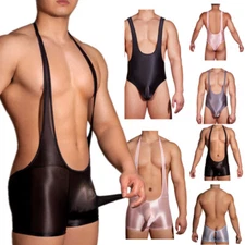 Mens Glossy Bodysuits Leotard Solid Wrestling Singlet Briefs Jockstrap Underwear