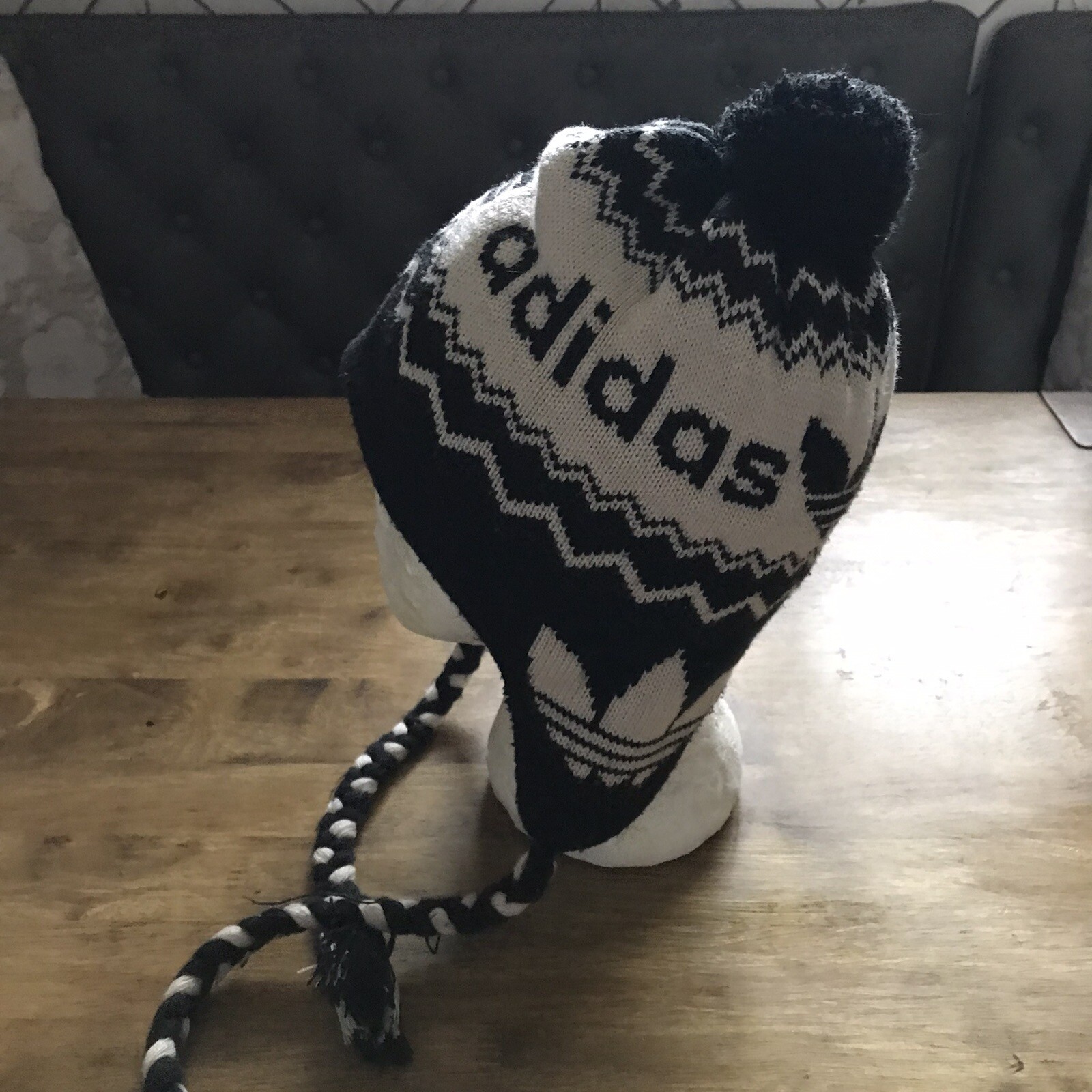 ADIDAS Peruvian Bobble Hat Plaits Black & White Faux Fur Lined Trapper Tre Foil eBay