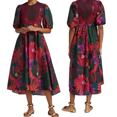 knee length dresses for ladies Khaki Flower Bird Embroidered Midi Dress – FARM Rio main image 0