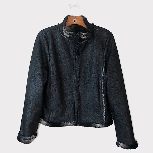 Skea Womens Black Shearling Faux Fur Coat Size 8 Jacket