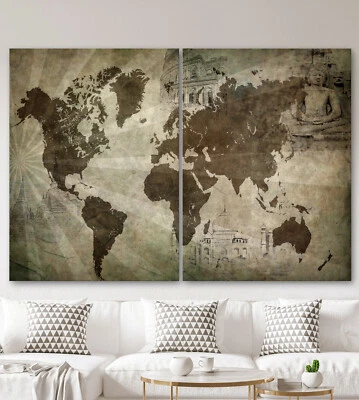WELTKARTE Leinwand Bild Modern Schwarz Weiß Braun Abstrakte Kunst Wandbild XXL - Bild 1 von 4