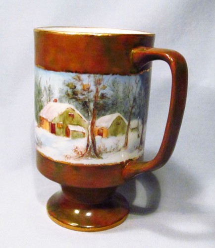 Handbemalt 1981 signiert Porzellan Winter Schnee Hütte Szene Keramik Tasse - Bild 6 von 6