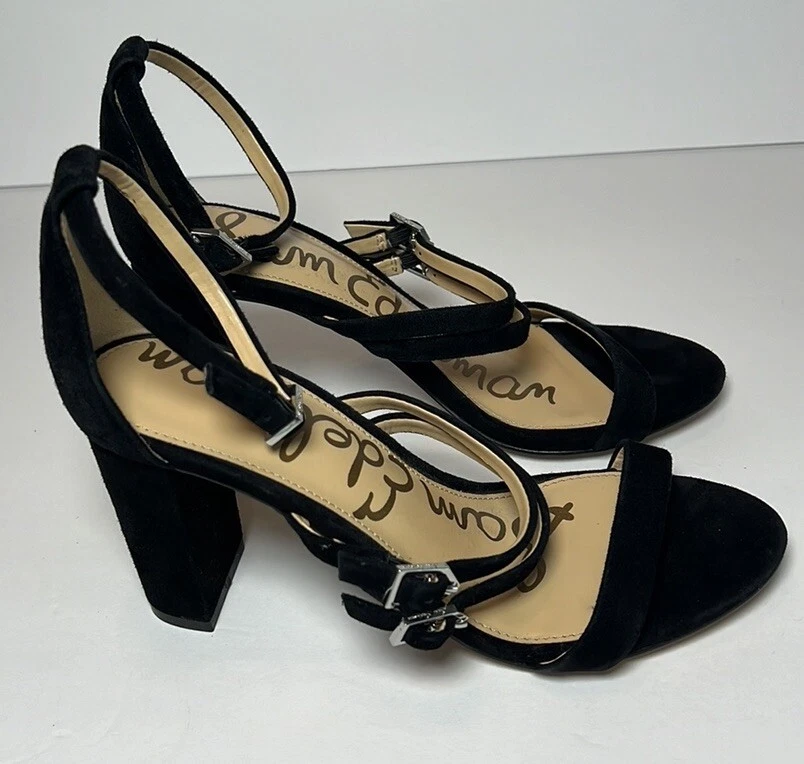 Sandalia de gamuza Sam Edelman Tammie con correa al tobillo tacón bloque para mujer talla 7 negra Foto 3 de 4