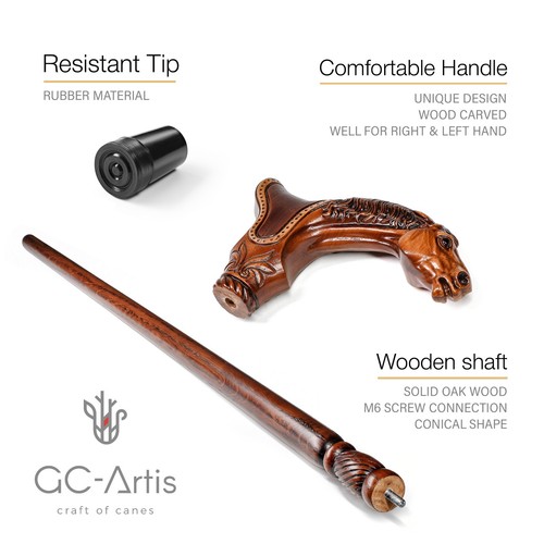 Horse Wooden Walking Cane classic accessory for men women ORIGINAL GC-Artis - Picture 3 of 16