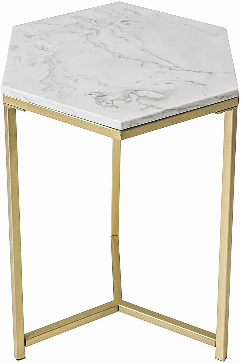 Hexagon Gold Accent Side End Table w Faux Marble Top 24