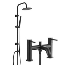 Black Deck Mounted Bath Shower Mixer Tap & Round 3 Way Rigid Riser Shower- Hydra