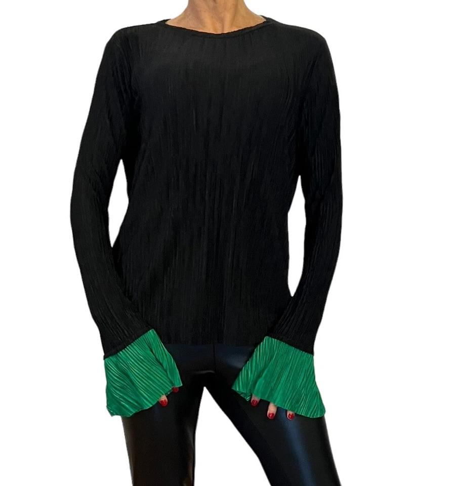 ZARA BLUSA MUJER NEGRA VERDE PUÑOS EN CONTRASTE PLISADA TEXTURIZADA TOP M Foto 4 de 4