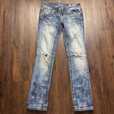 Miss Me Signature Cuffed Straight Jeans Rhinestone Distressed Light Wash Size 25