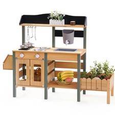 Outdoor Mud Kitchen Set for Kids, Wooden Pretend Play Kitchen with Plant Grow...