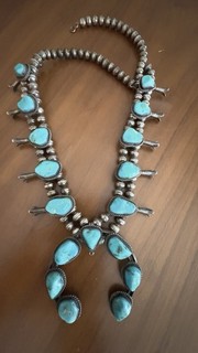 Unsigned Sterling Silver Turquoise Squash Blossom Necklace 24" 146.8 grams