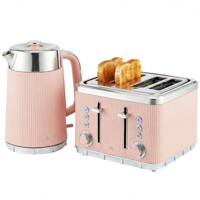 HOMCOM 1,7 L 3000 W Schnellkoch Wasserkocher und 4 Scheiben Toaster Set Krümelschublade Rosa