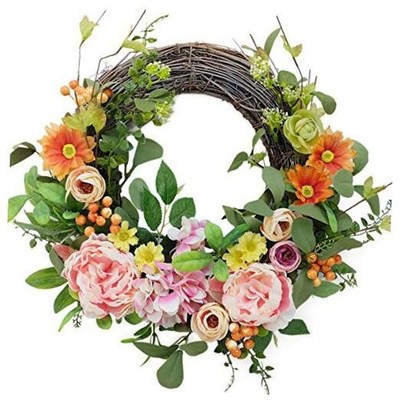  16 Inch Artificial Peonies Wreaths Pink Peony Flowers with Daisy Hydrangea