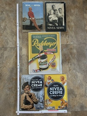 5 Dekoschider aus Blech - Metall, 4x NIVEA, 1x Radeberger, Werbung