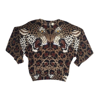Vintage 70s Womens Dueling Tigers Arcylic Sweater Made In France Bedazzled XL