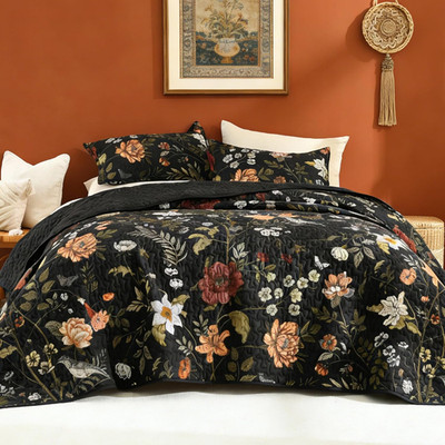 Floral Black Quilt King Size - 3 Pieces Botanical Birds Pattern Quilt Bedding, L