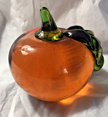 Apple/ Paperweight /Amber/ Green /Stem /Leaf- Signed/vintage