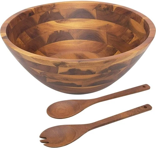 Wooden Salad Bowl Set, Large Acacia Wood Serving Bowls for Fruits and Salads