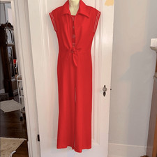 Vintage 70s Melissa Lane Tomato Red Double Knit Polyester Wide Leg Jumpsuit