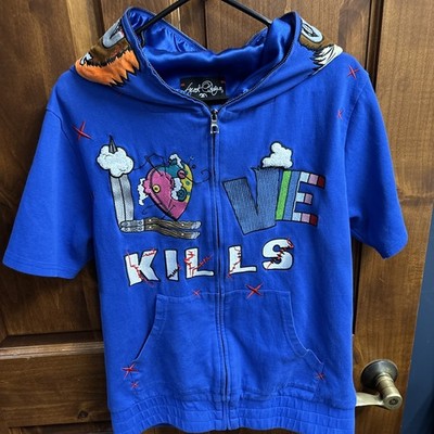 Frost Hoodie Mens Medium Frost Origin Blue Full Zip Love Kills Bear Short sleeve
