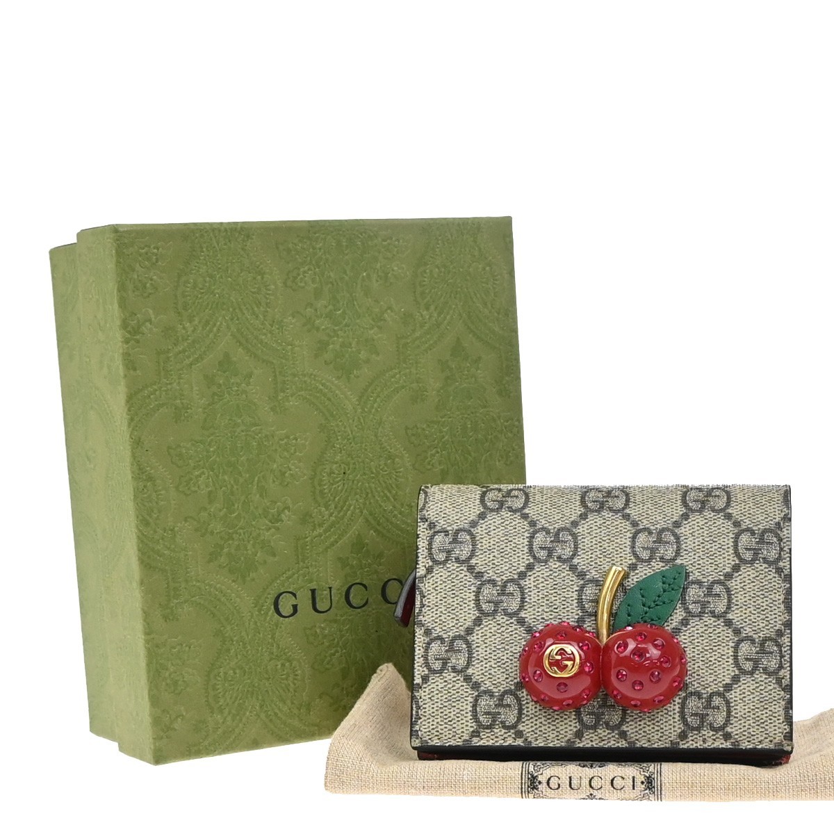 GUCCI Logo Cherry GG Pattern Compact Wallet Supreme Leather Brown