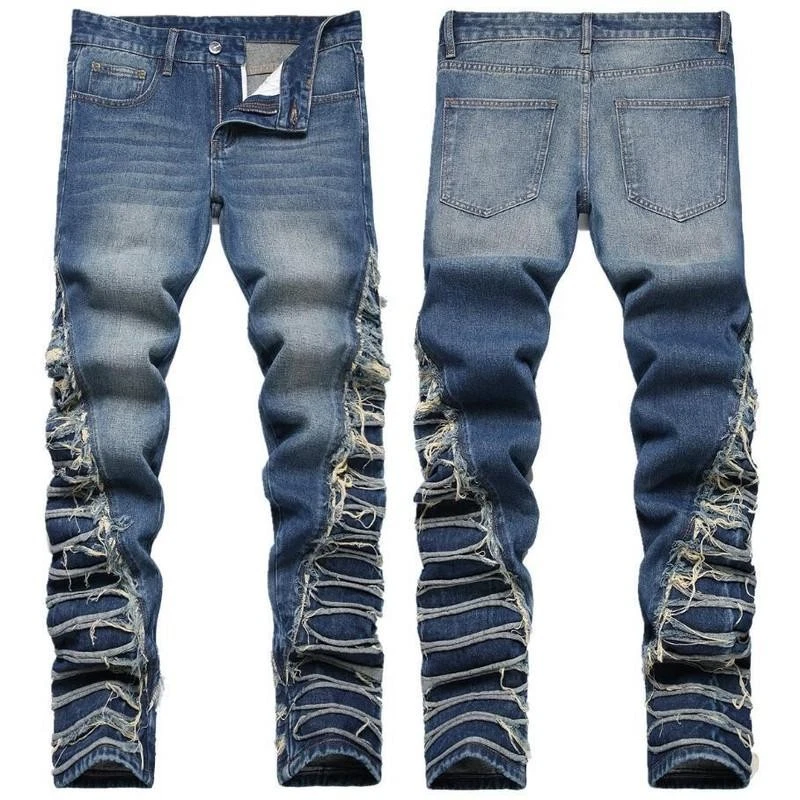 Men's Blue Denim Jeans Straight Leg Tassels Punk Hip Hop Pants Trousers Casual