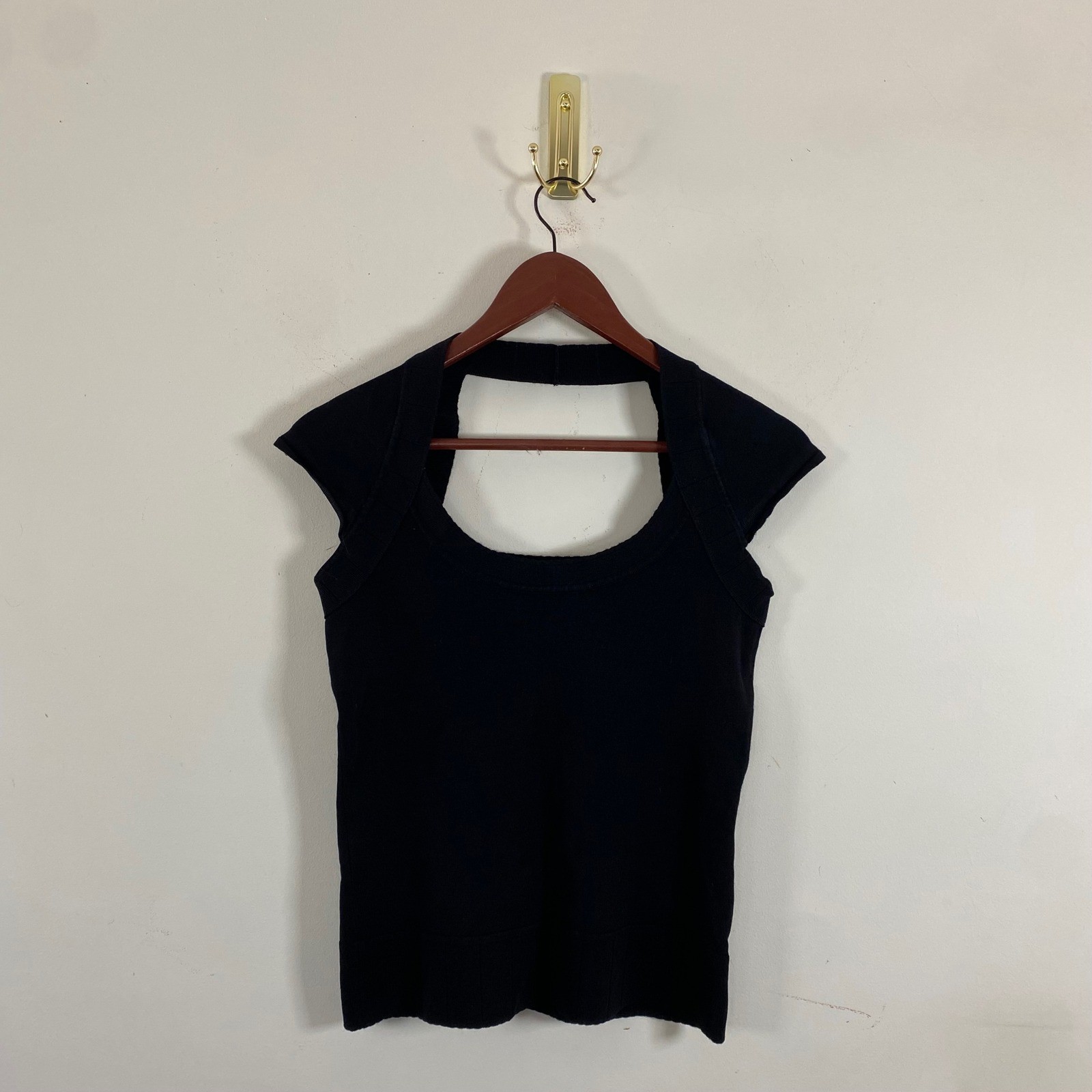 Vintage Y2K Cache Black T-shirt Top Back Cut Out Cap Sleeves Size Medium  Chic