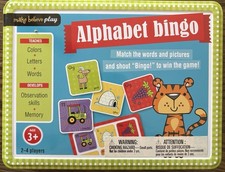 Alphabet Bingo Card Game Ages 3 Incl Storage Tin Teaches Colors Words Letters