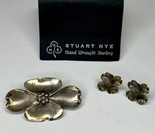 Vintage Stuart NYE Hand Wrought Sterling Silver Dogwood Flower Brooch & Earrings