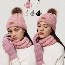 Women Winter Hat Scarf Gloves Set 3PCS Knitted Beanie Faux Fur Pom Pom Warm