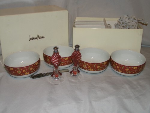 Neiman Marcus Empress Rose Brocade Schumacher Bowls/Glass Salt & Pepper Shakers - Picture 3 of 4