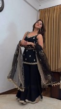 Designer Black Faux Georgette Palazzo Suit With Dupatta For Reception Wear