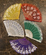 Folding Hand Fans Lot Of 5 Purple, Green, Red, Yellow, White Embellish Colorful