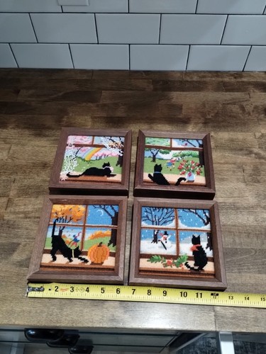 4 Vtg Needlepoint Black Cat Window Spring Summer Autumn Winter Framed Seasons - Picture 11 of 12