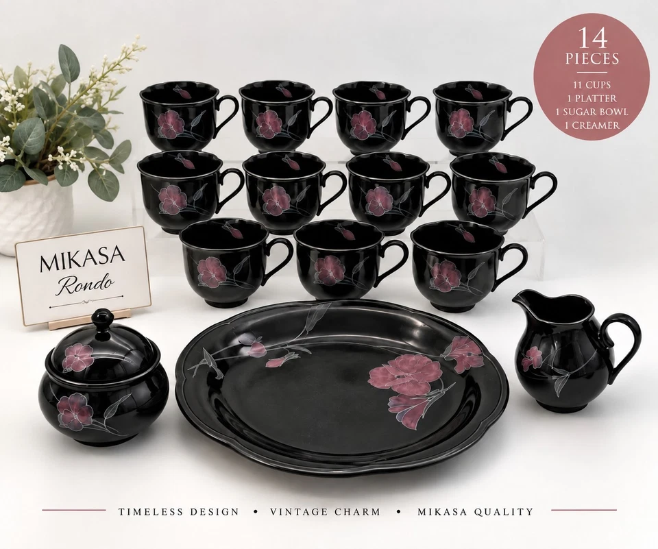 Vintage Mikasa Rondo Tango EJ702 14 Pc Set 11 Cups Platter Sugar Creamer - Image 1 of 4