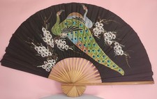 Vintage peacock 35  Tall Oriental Hand Painted Expandable Wall Fan