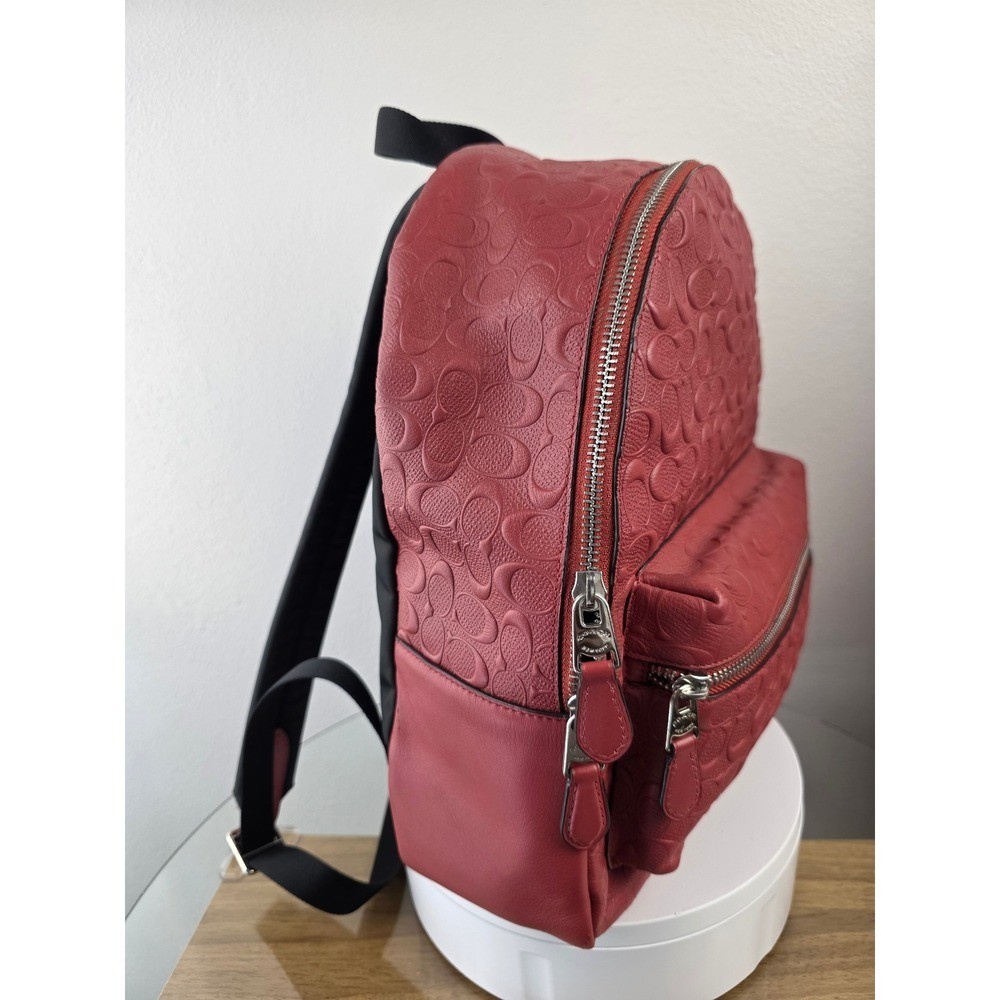 Coach Charlie Medium Backpack Red Embossed Signature C Pebble
