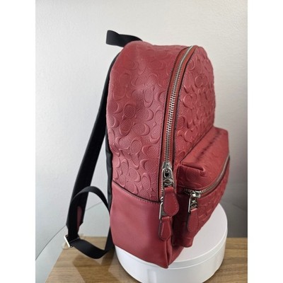 Coach Charlie Medium Backpack Red Embossed Signature C Pebble
