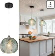 2-Pack Green Glass Pendant Lights Mid Century Modern Ribbed Hanging Fixture 8.6"