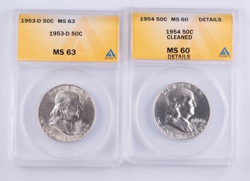 Certified 1953-D 1954 Franklin Half Dollar ANACS MS63 MS60 details Silver 50c x2