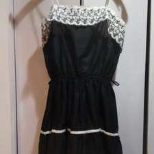 Black & White Lace Trim Sleeveless Strap Dress Solid Polyester/Cotton Womens L