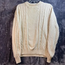 VTG Checkpoint Sweater Mens Large Cream Cable Knit Fisherman Crewneck 90s USA