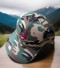 VINTAGE Green CAMO OLD School  CLEVELAND INDIANS   HAT CAP NEW  Best Logo. 