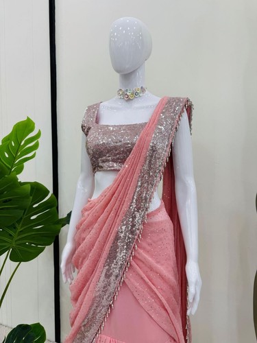 Designer Pre Drapped Saree Blouse Bollywood Party Wear Saree Ready To Wear Sari - Picture 6 of 10