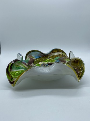 Art Glass Tuti Fruiti Millefiori Metallic Square Dish Folded Edges - Picture 3 of 16