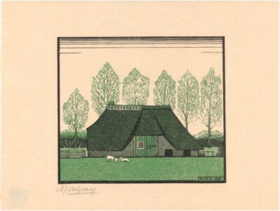 Farmhouse with Thatched Roof 1919 woodcut by Julie de Graag Dutch Modernist
