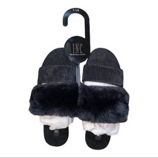 INC Double Band Black Faux Fur Scruff Slippers Women's Size Small 5-6 NWT