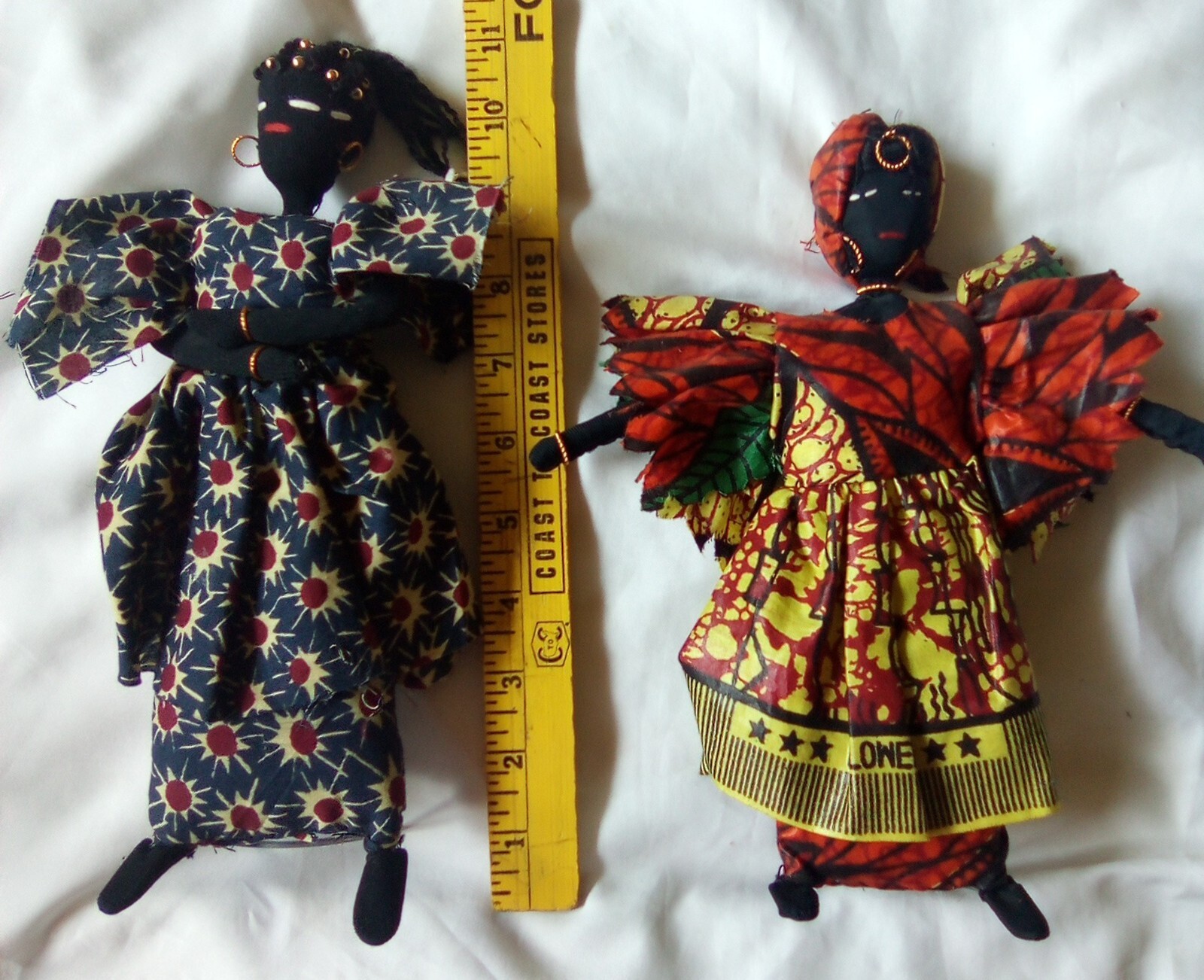 2 Vintage HANDMADE Cloth African Folk Art Black Rag Doll Moveable Arms