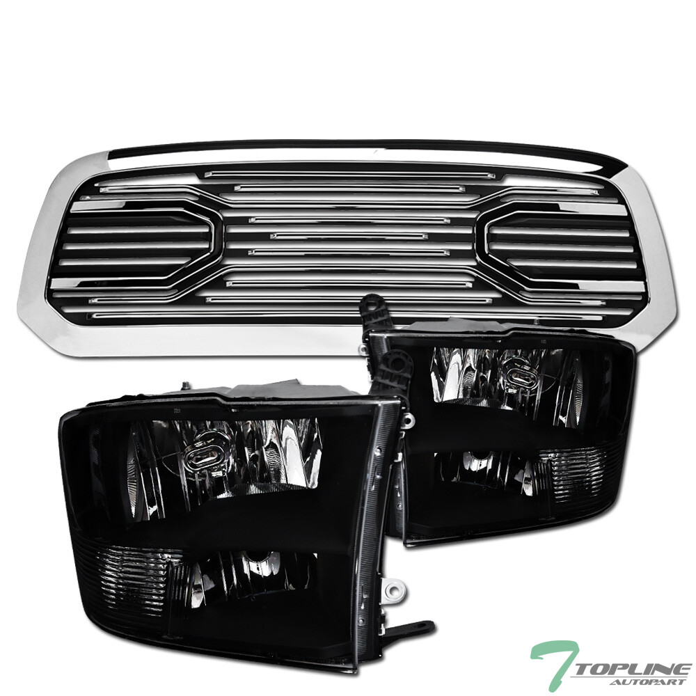 Topline For 13-18 Ram 1500 Black Quad Headlights nb+Big Horn Style Grille Chrome