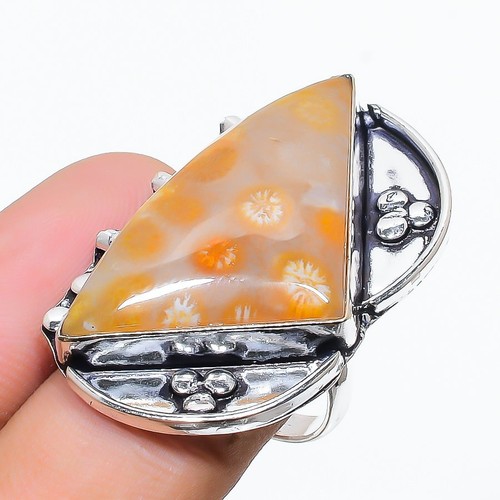 Fossil Coral Gemstone 925 Sterling Silver Gift Jewelry Ring Size 6.5