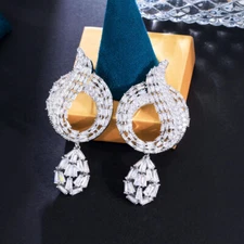 Long Drop Dangle Earrings Amerian Crystal Silver Plated CZ Women Bridal Costume 